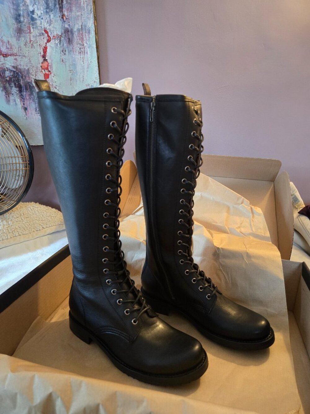 New in Box (NIB) Frye Veronica Combat Tall Boots Black Leather 9.5 - Picture 4 of 8